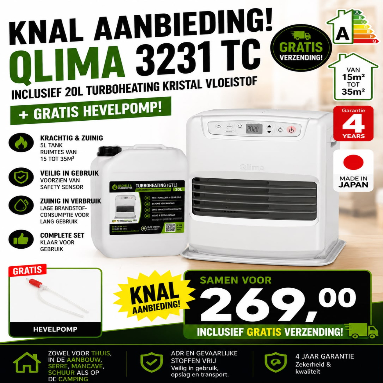 Qlima 3231 TC met 20L vloeistof en hevelpomp aanbieding